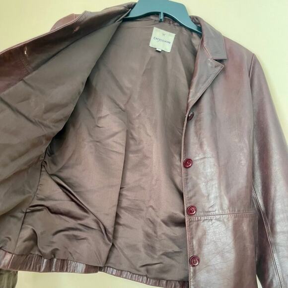 Y2K 90’s CHEVIGNON TRUCKER JACKET BLAZER COW GRAIN LEATHER MAROON SZ L VERSATILE - Picture 6 of 16